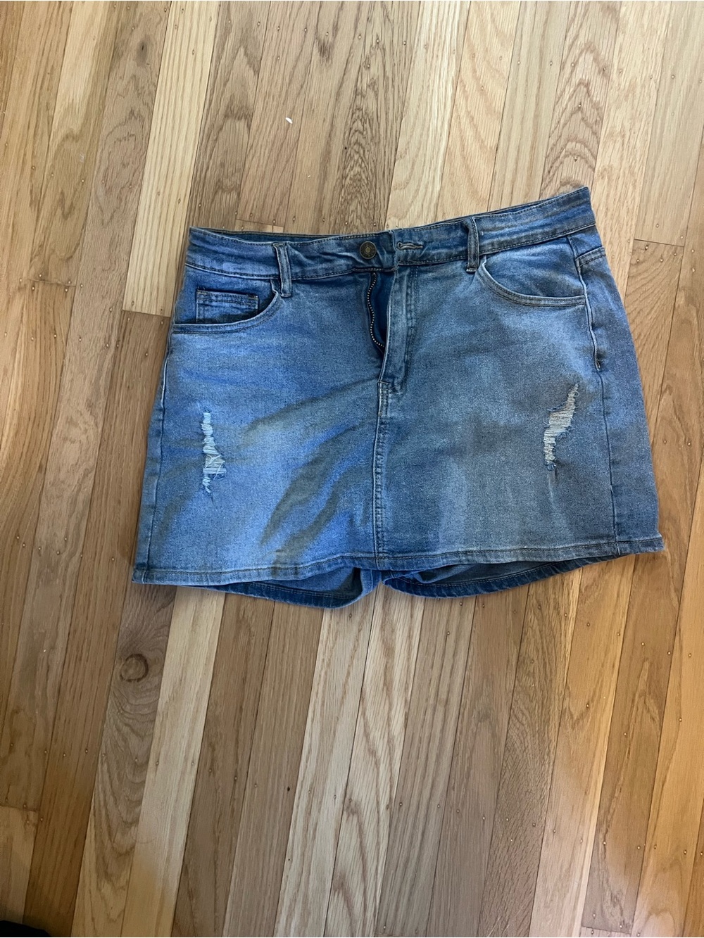 Denim Mini Skort with Distressed Detail - Blue